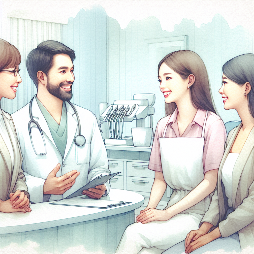 歯科医院で働くスタッフが笑顔で話し合っている様子