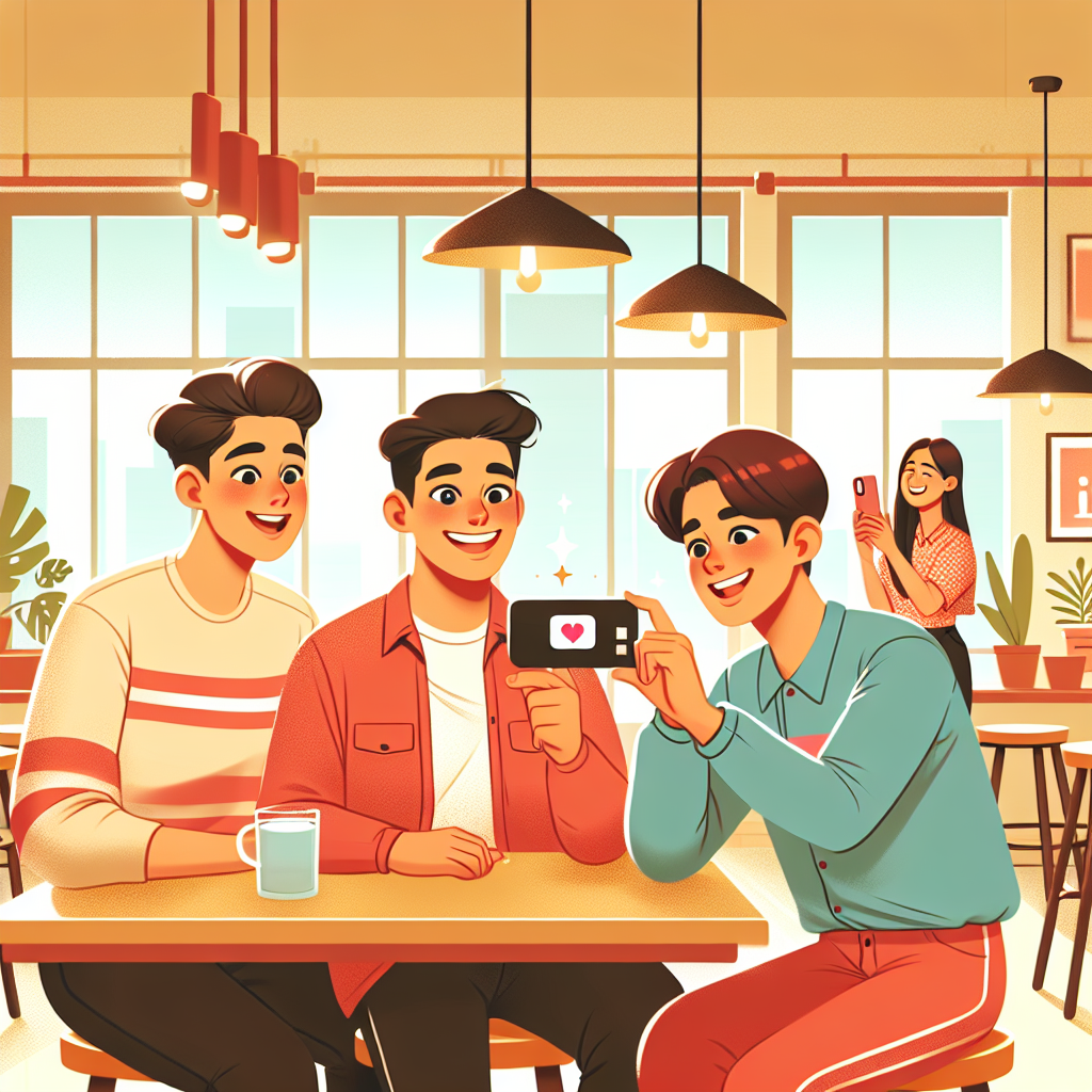 若手社員がオフィスでTikTok動画を撮影しているシーン