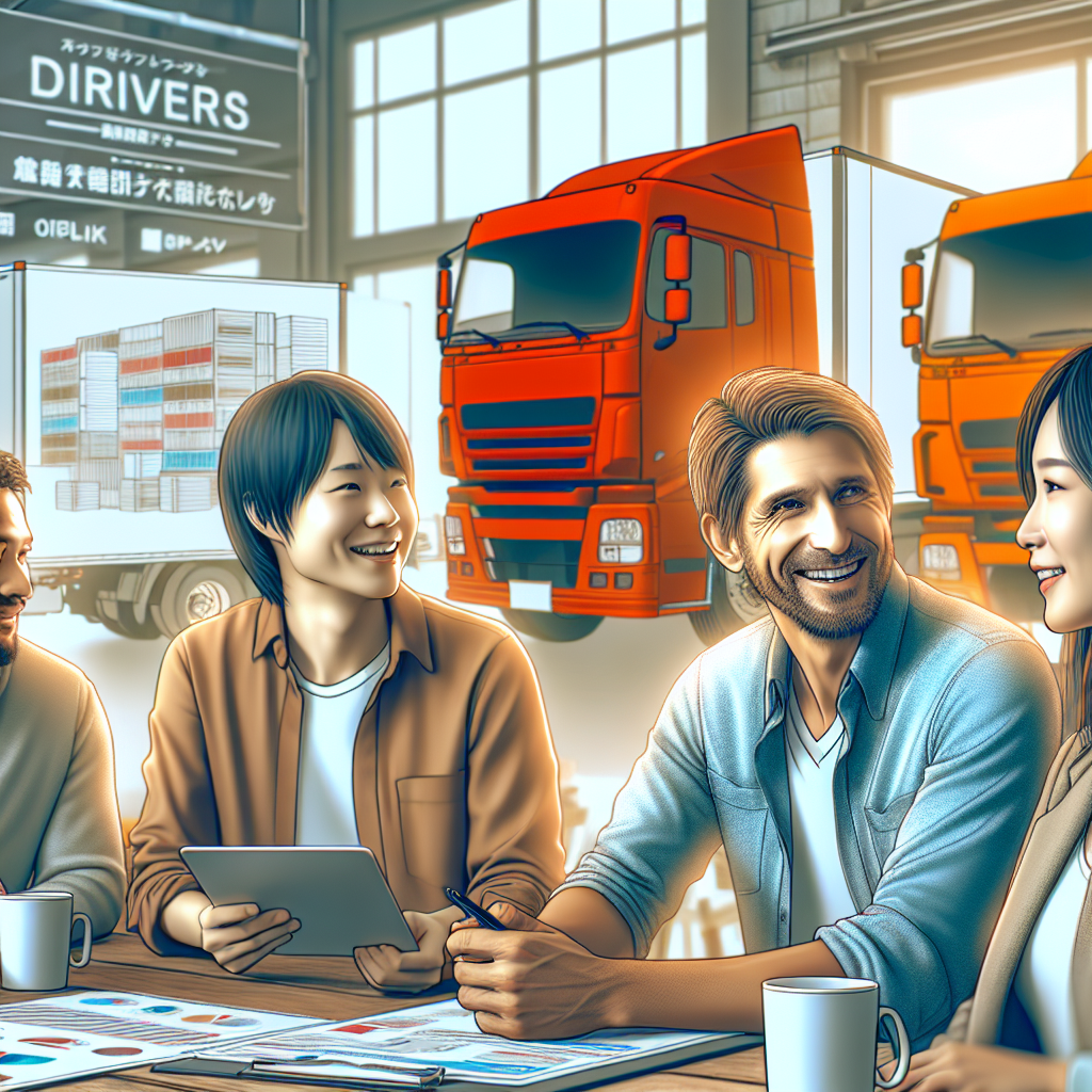 中小物流企業のドライバーがトラックの前で笑顔で働くシーン