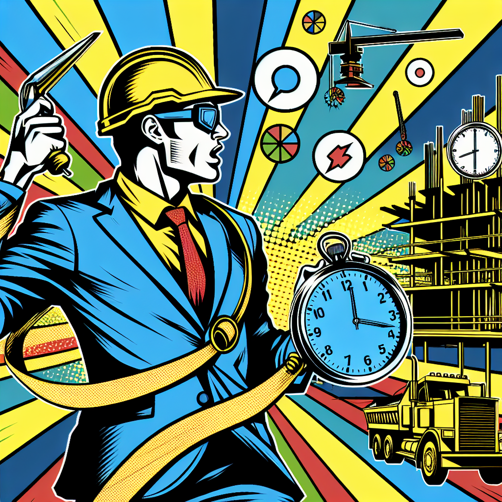 建設現場での作業風景を背景にした時間管理のイメージ