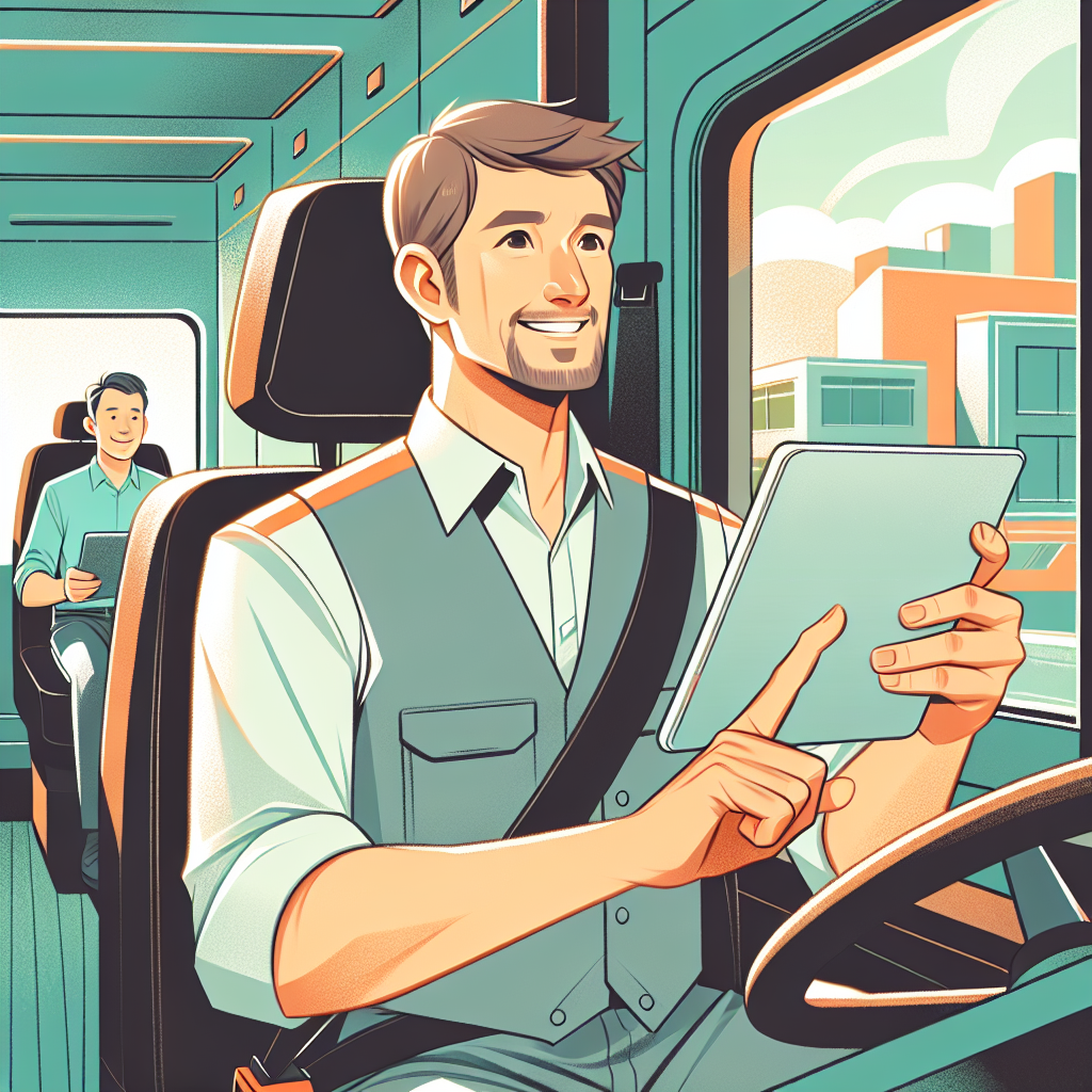 トラックの運転席でタブレットを操作するドライバー