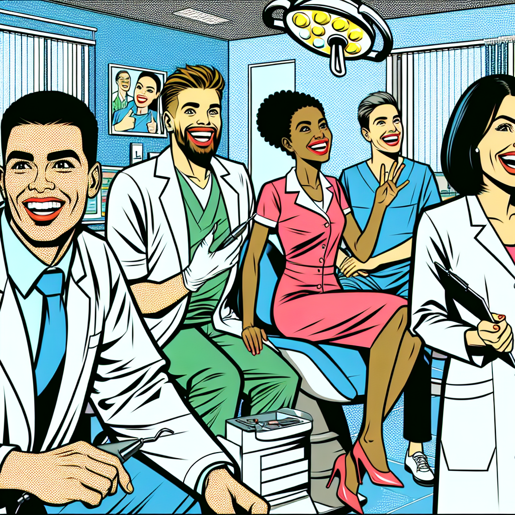 歯科医院でのスタッフが笑顔で協力して働くシーン