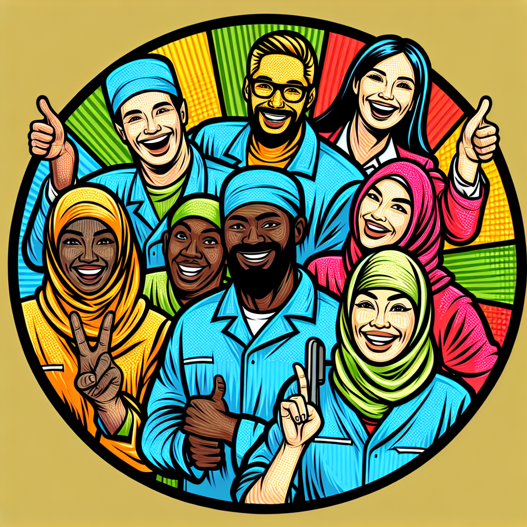 介護職員がチームで笑顔で働いているシーン