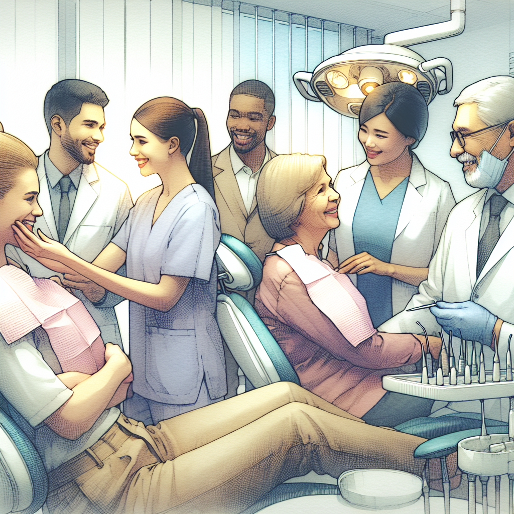 歯科医院で働くスタッフが笑顔で患者に対応している様子