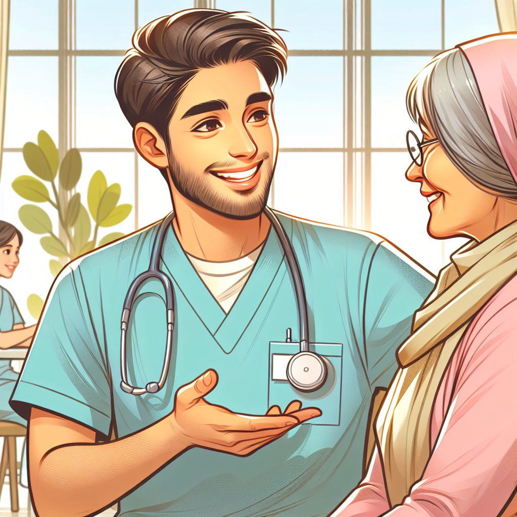 看護師が笑顔で患者と接する場面のイラスト