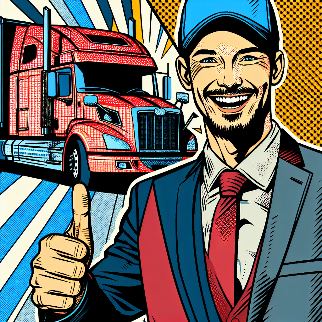 ドライバーがトラックの前で笑顔で立っている様子