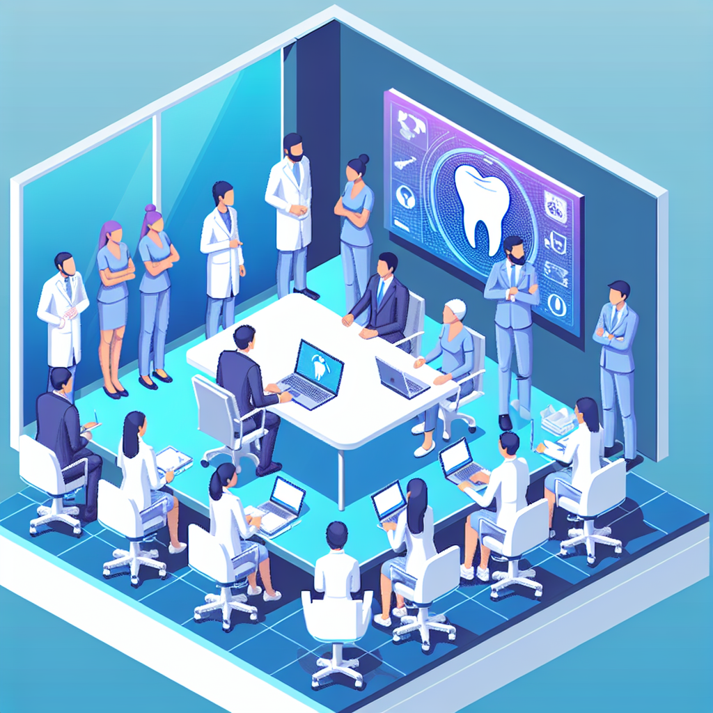 歯科医院スタッフが会議室でキャリアアップについて話し合っているシーン