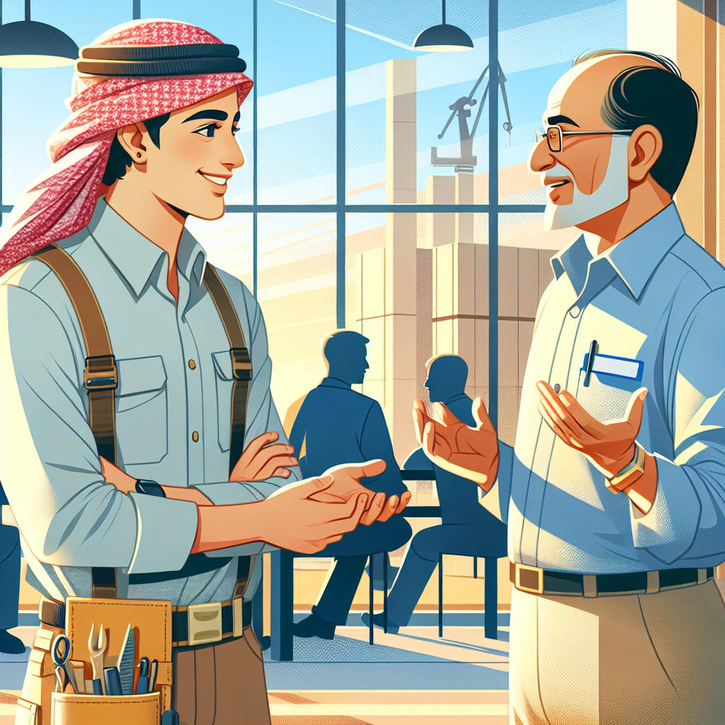 建設現場で働く若手社員とベテラン社員の和やかな様子