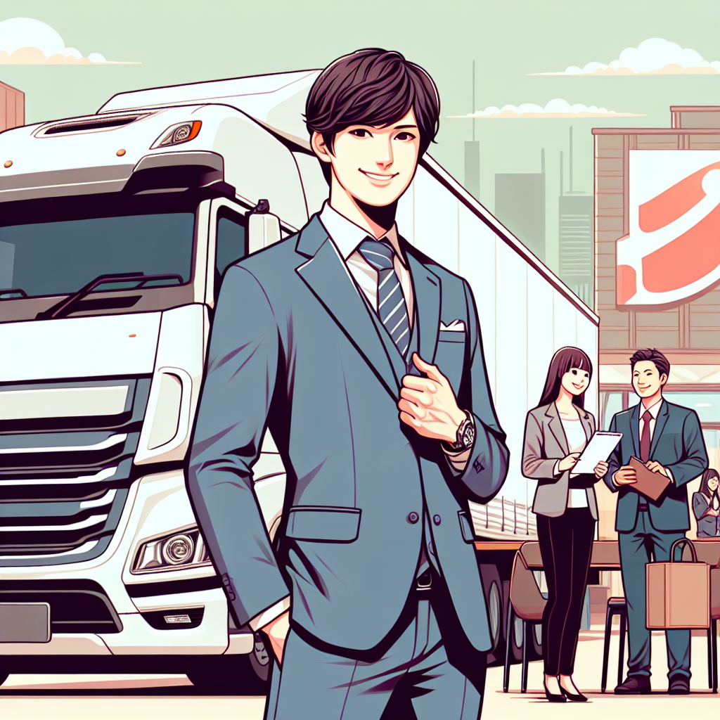 ドライバーがトラックの前で笑顔でポーズを取っている様子