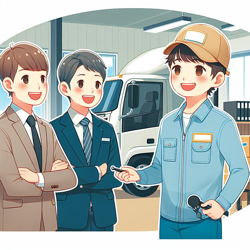 ドライバーがトラックの前で笑顔で立っているシーン